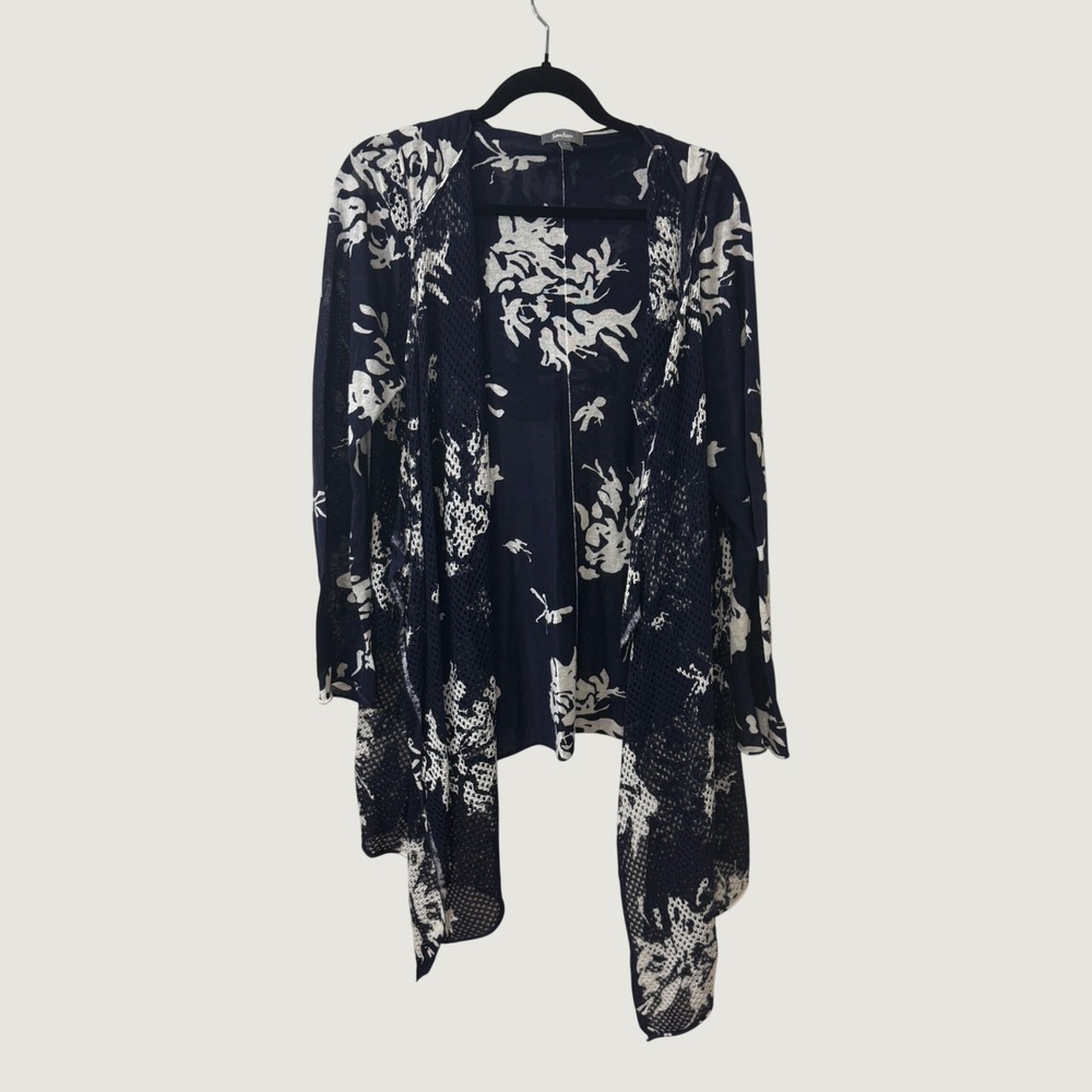 Neiman Marcus Floral Hooded Cardigan Navy White Linen Cotton Large Boho